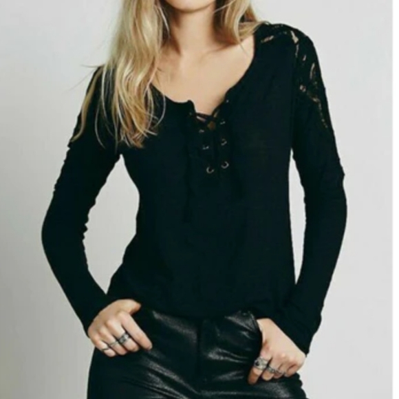 Free People Jennie Tee Black Crochet Trim Lace Up Long Sleeve Top Small Boho - Picture 1 of 10
